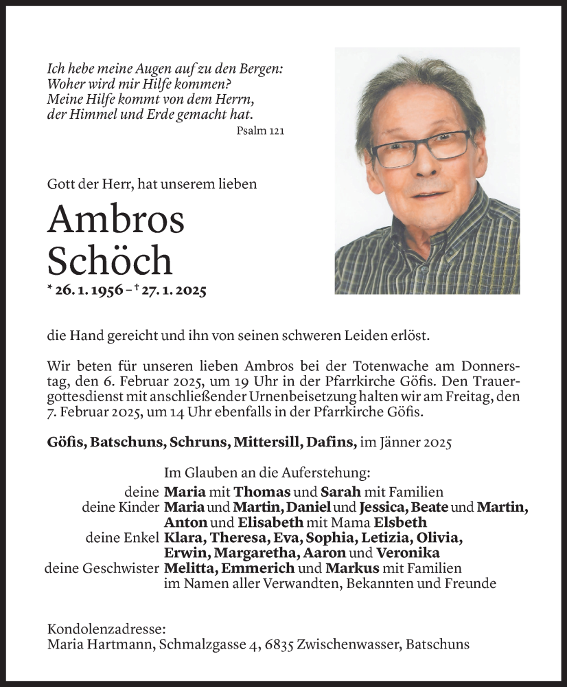  Todesanzeige für Ambros Schöch vom 31.01.2025 aus Vorarlberger Nachrichten