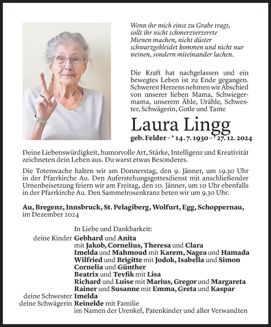 Todesanzeige von Laura Lingg von Vorarlberger Nachrichten