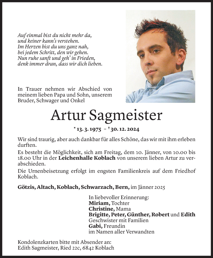  Todesanzeige für Artur Sagmeister vom 07.01.2025 aus Vorarlberger Nachrichten