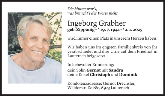 Todesanzeige von Ingeborg Grabher von Vorarlberger Nachrichten