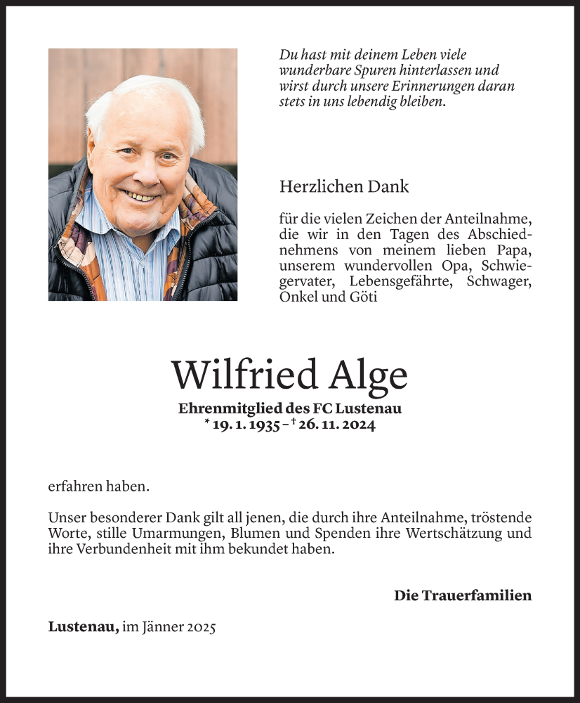  Todesanzeige für Wilfried Alge vom 17.01.2025 aus Vorarlberger Nachrichten