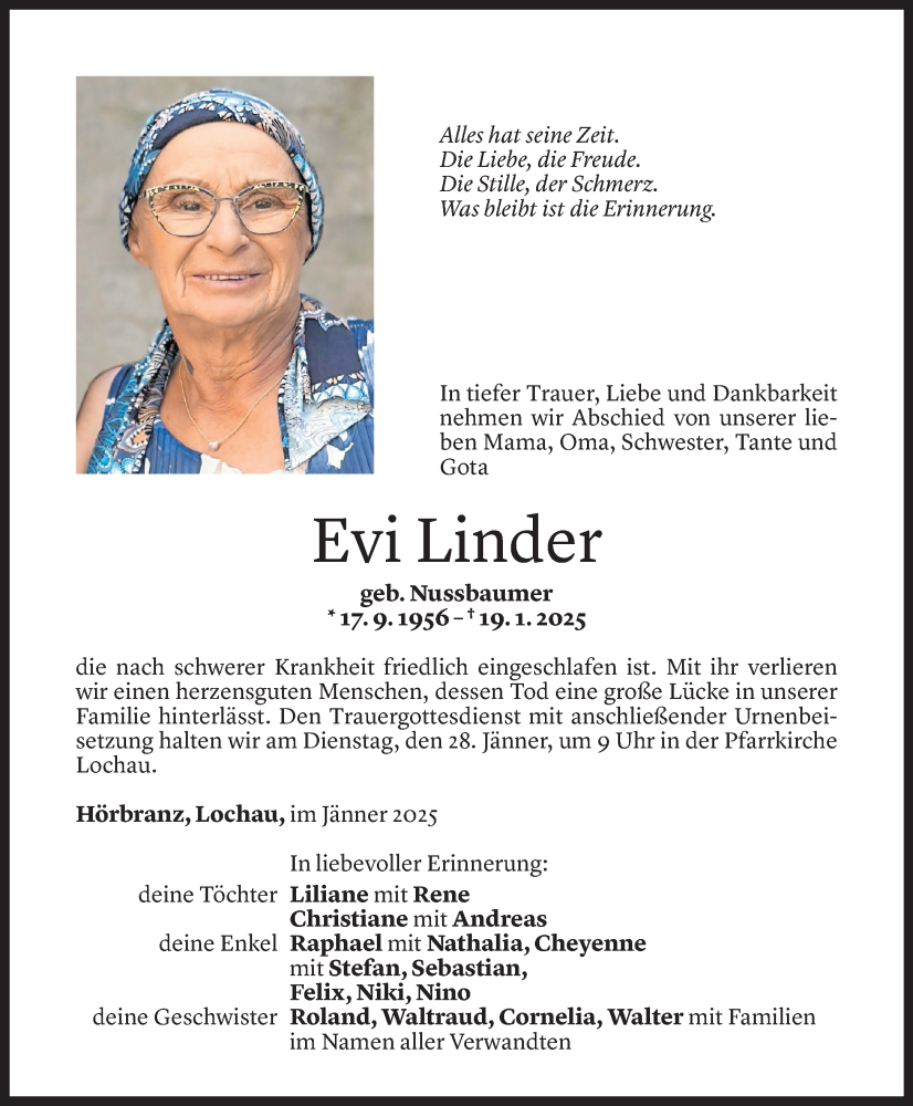  Todesanzeige für Evi Linder vom 22.01.2025 aus Vorarlberger Nachrichten