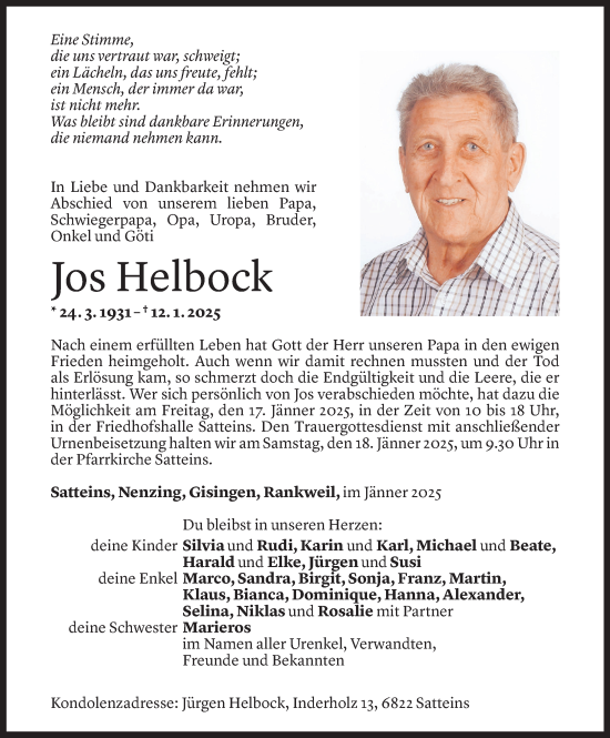 Todesanzeige von Jodok Helbock von Vorarlberger Nachrichten