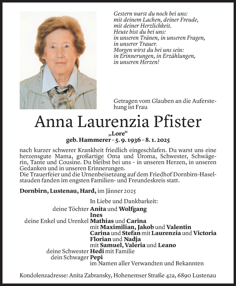  Todesanzeige für Anna Pfister vom 18.01.2025 aus Vorarlberger Nachrichten