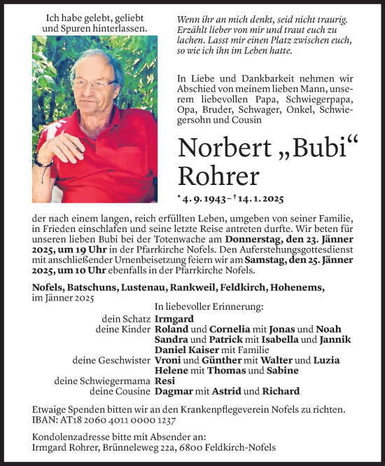 Todesanzeige von Norbert Rohrer von Vorarlberger Nachrichten