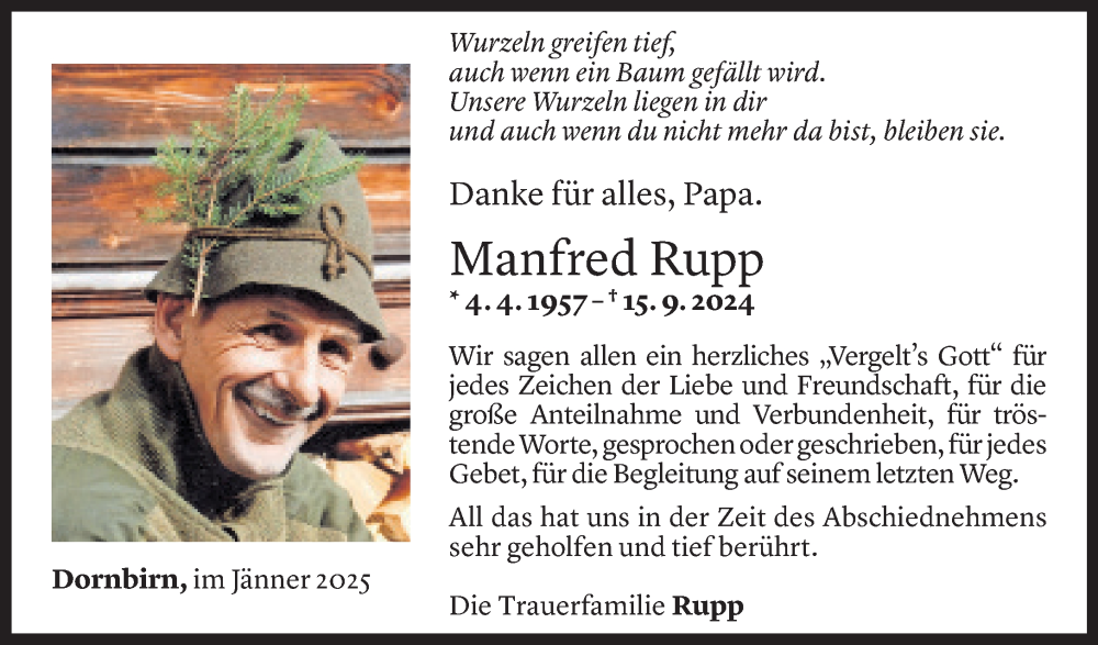 Todesanzeige für Manfred Rupp vom 17.01.2025 aus Vorarlberger Nachrichten