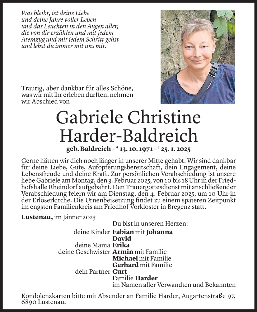  Todesanzeige für Gabriele Harder-Baldreich vom 31.01.2025 aus Vorarlberger Nachrichten