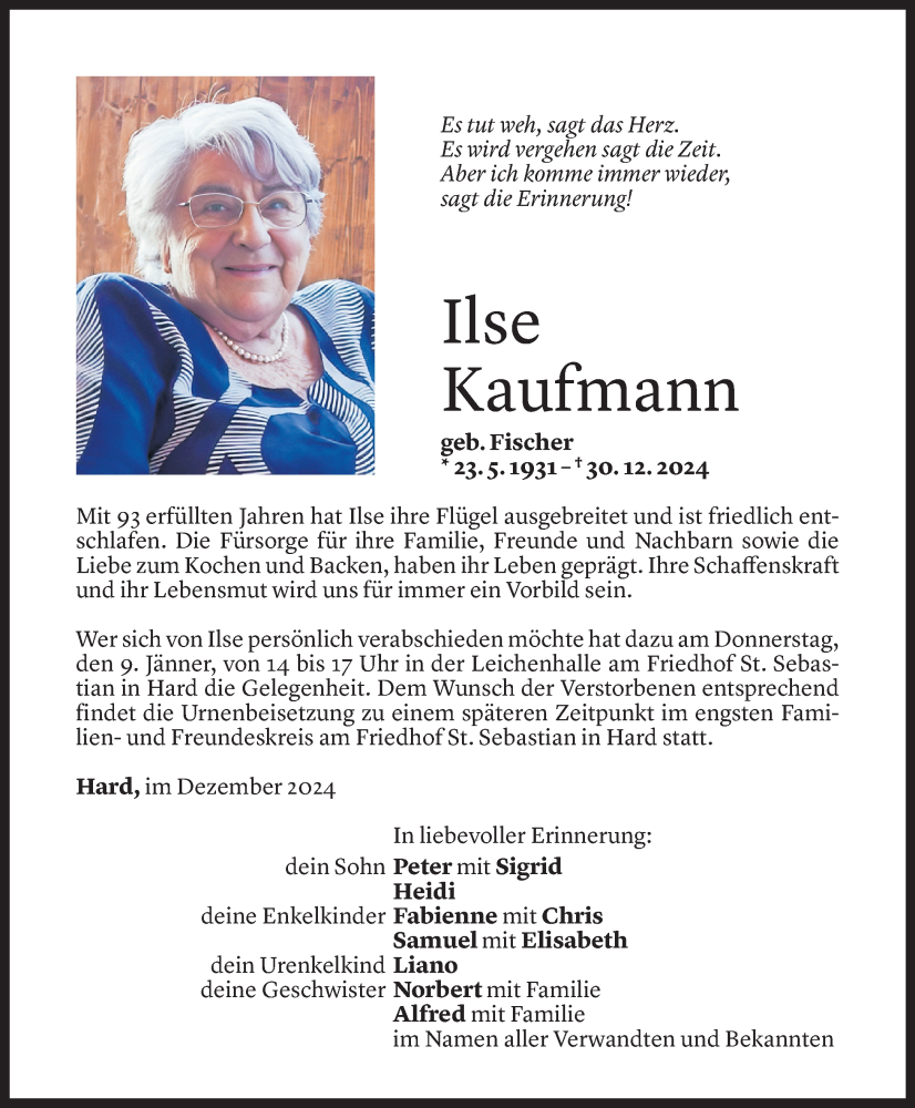  Todesanzeige für Ilse Kaufmann vom 06.01.2025 aus Vorarlberger Nachrichten