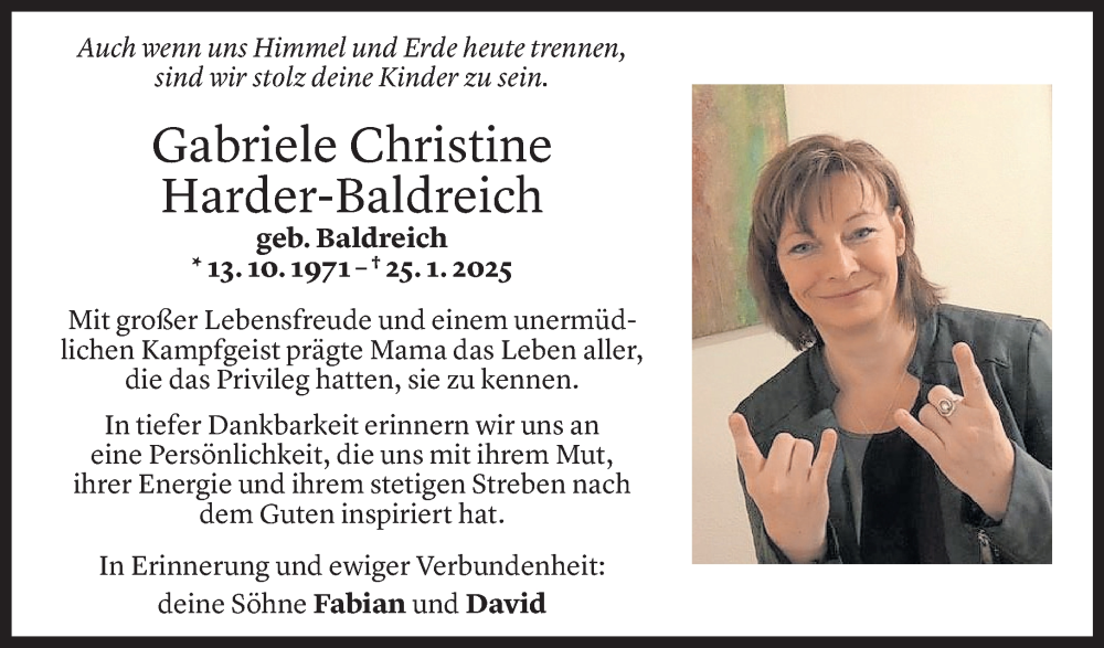 Todesanzeige für Gabriele Harder-Baldreich vom 31.01.2025 aus Vorarlberger Nachrichten