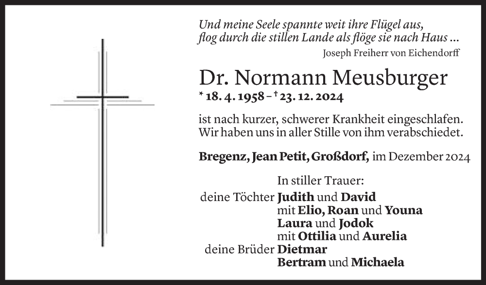  Todesanzeige für Normann Meusburger vom 11.01.2025 aus Vorarlberger Nachrichten