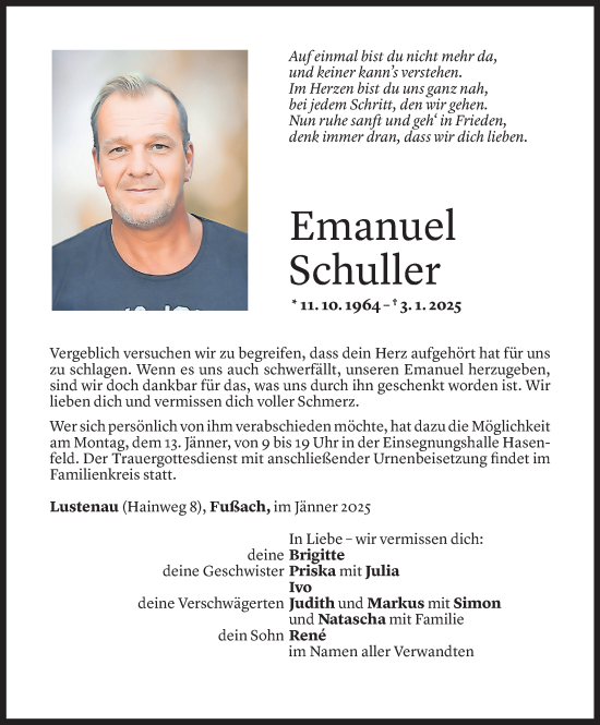 Todesanzeige von Emanuel Schuller von Vorarlberger Nachrichten