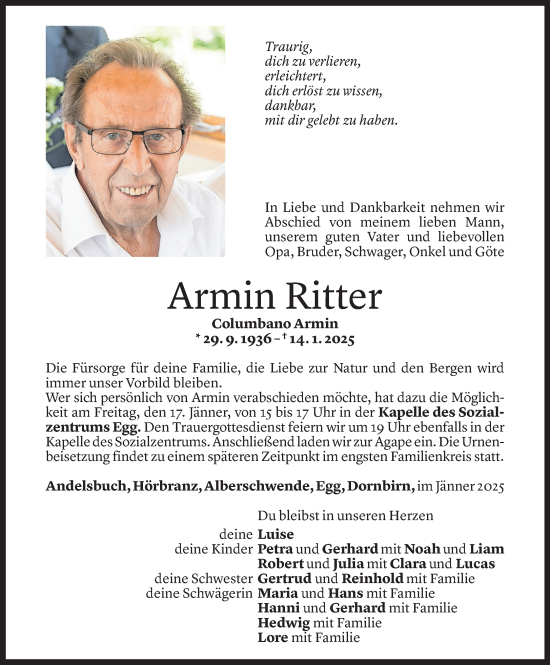 Todesanzeige von Armin Ritter von Vorarlberger Nachrichten