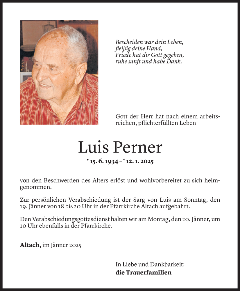  Todesanzeige für Luis Perner vom 15.01.2025 aus Vorarlberger Nachrichten