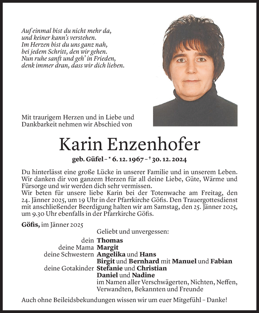  Todesanzeige für Karin Enzenhofer vom 22.01.2025 aus Vorarlberger Nachrichten