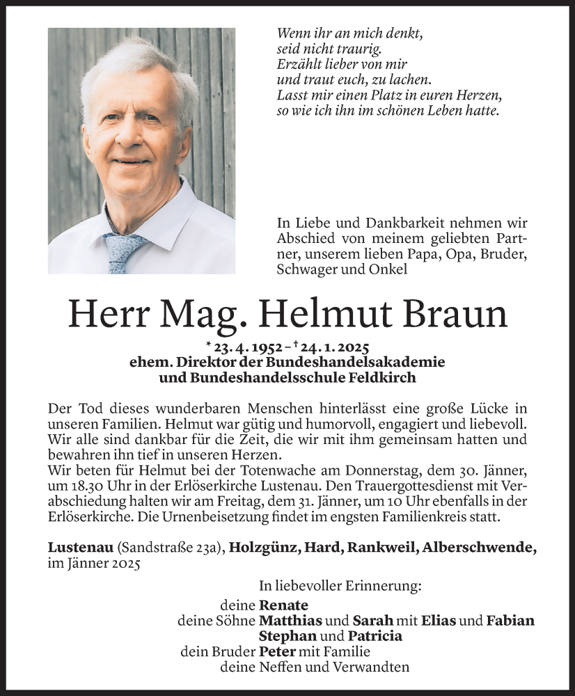  Todesanzeige für Helmut Braun vom 27.01.2025 aus Vorarlberger Nachrichten