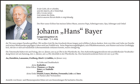 Todesanzeige von Johann Bayer von Vorarlberger Nachrichten