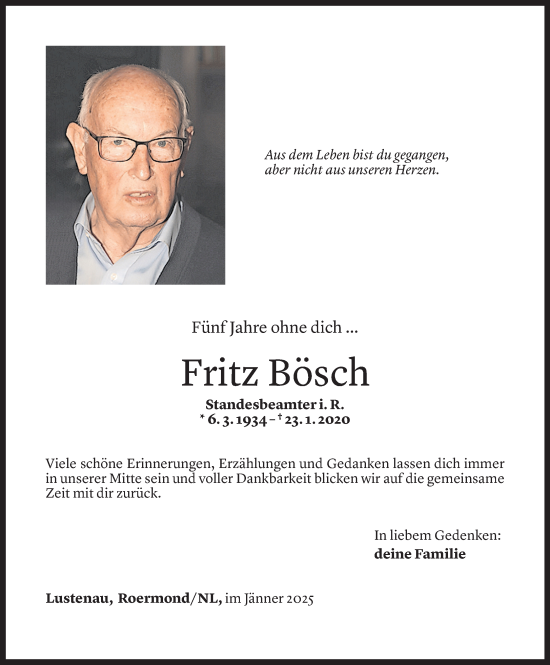 Todesanzeige von Fritz Bösch von Vorarlberger Nachrichten