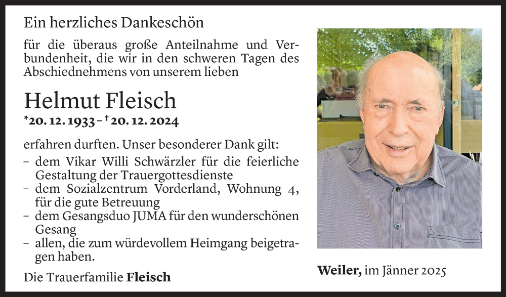  Todesanzeige für Helmut Fleisch vom 30.01.2025 aus Vorarlberger Nachrichten