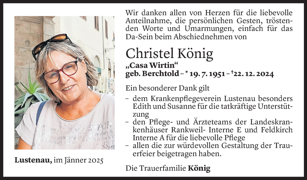  Todesanzeige für Christel König vom 16.01.2025 aus Vorarlberger Nachrichten