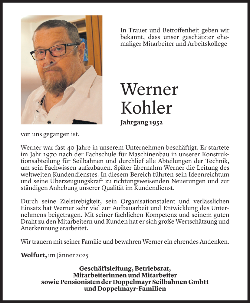  Todesanzeige für Werner Kohler vom 07.01.2025 aus Vorarlberger Nachrichten