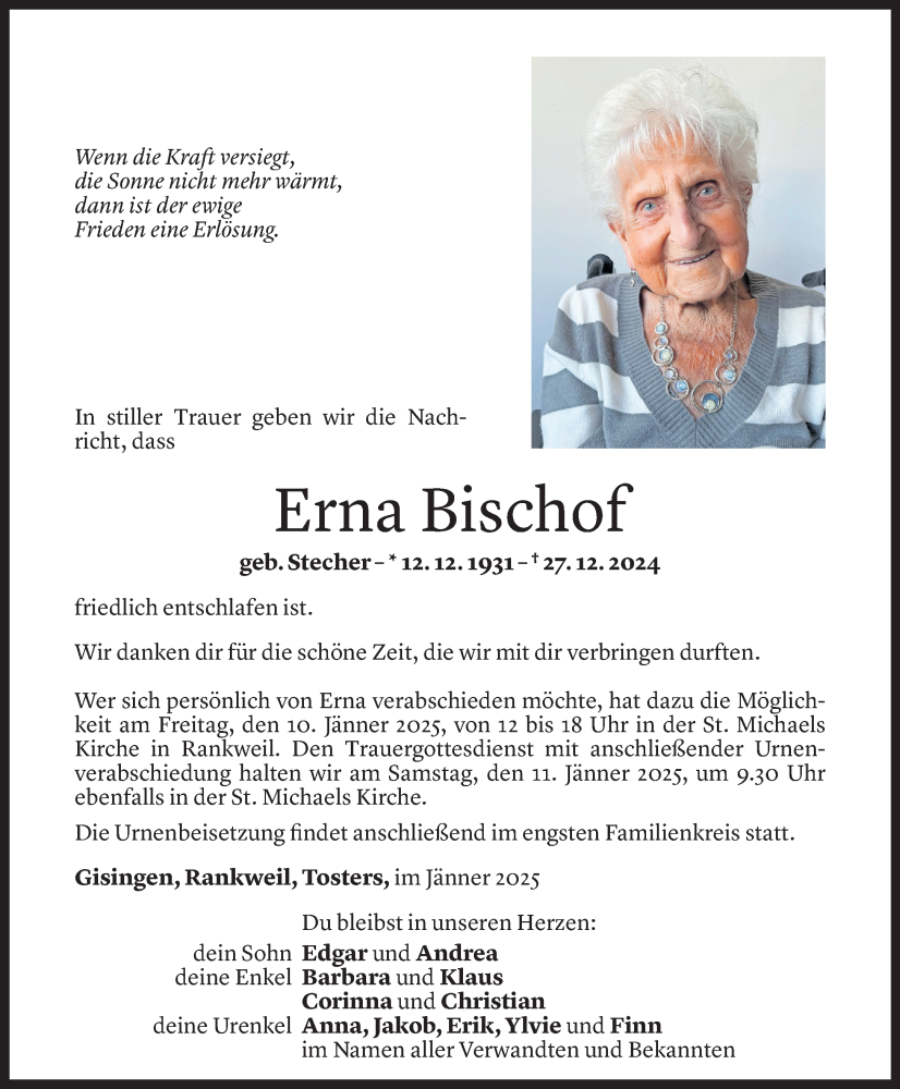  Todesanzeige für Erna Bischof vom 07.01.2025 aus Vorarlberger Nachrichten