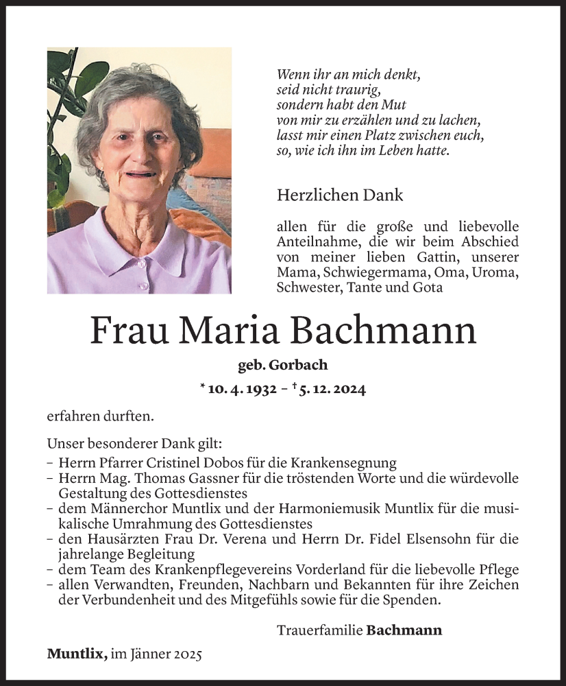  Todesanzeige für Maria Bachmann vom 10.01.2025 aus Vorarlberger Nachrichten