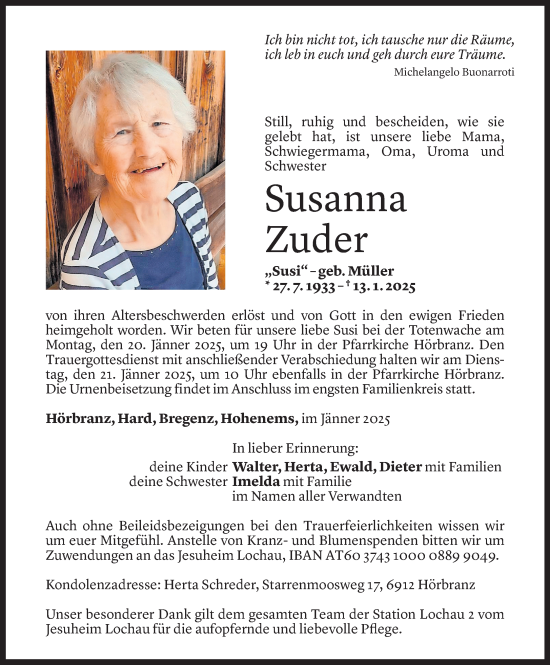 Todesanzeige von Susanna Zuder von Vorarlberger Nachrichten