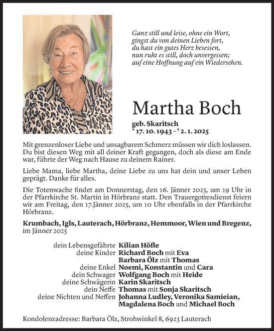 Todesanzeige von Martha Boch von Vorarlberger Nachrichten