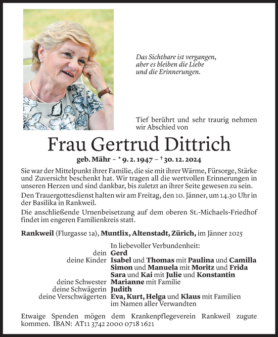 Todesanzeige von Gertrud Dittrich von Vorarlberger Nachrichten