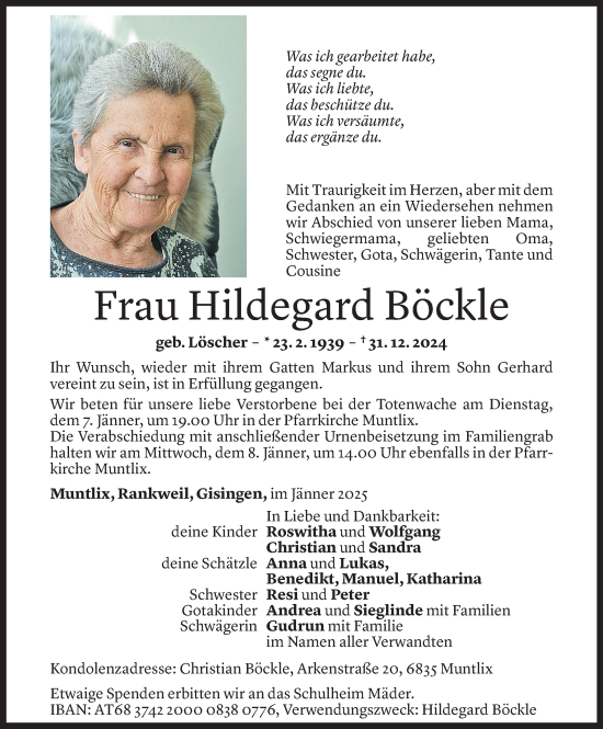 Todesanzeige von Hildegard Böckle von Vorarlberger Nachrichten