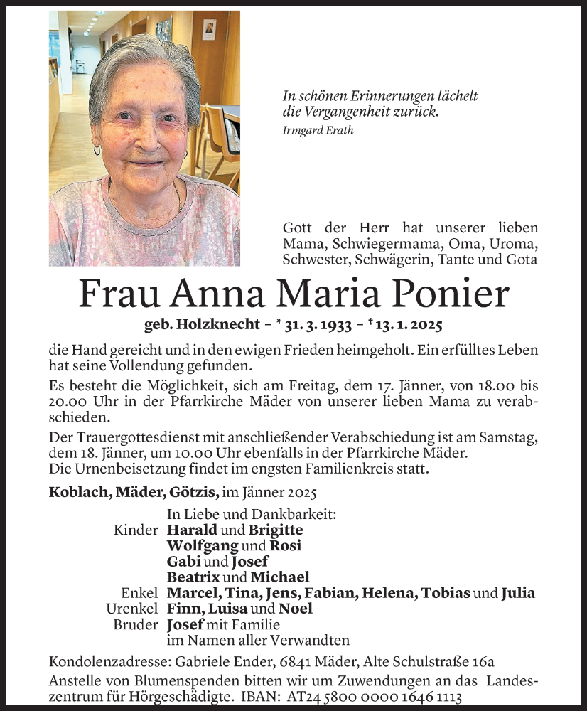  Todesanzeige für Anna Maria Ponier vom 15.01.2025 aus Vorarlberger Nachrichten