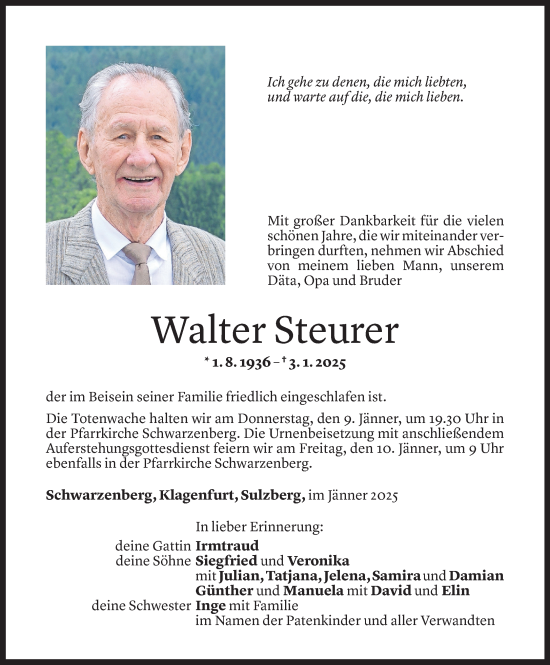 Todesanzeige von Walter Steurer von Vorarlberger Nachrichten