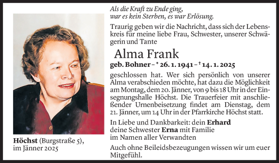 Todesanzeige von Alma Frank von Vorarlberger Nachrichten