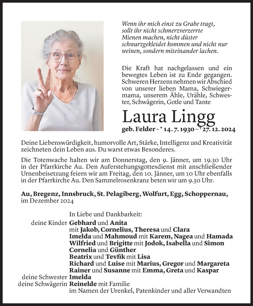  Todesanzeige für Laura Lingg vom 07.01.2025 aus Vorarlberger Nachrichten