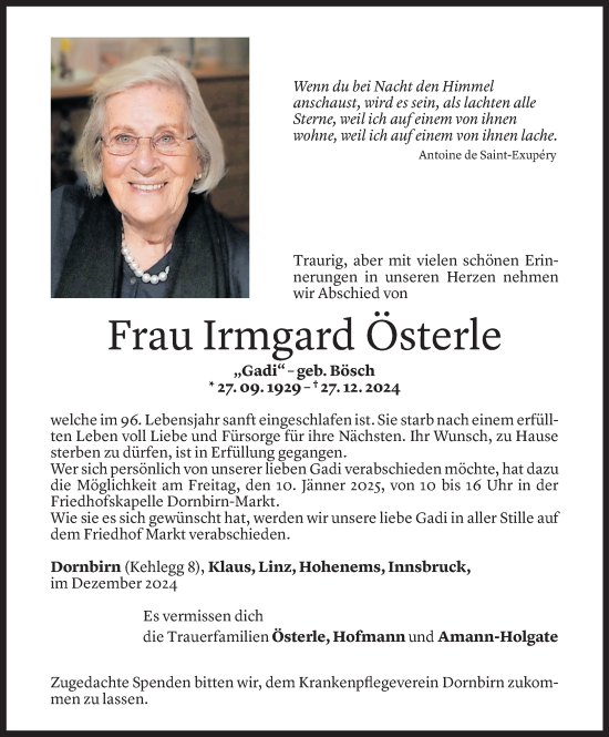 Todesanzeige von Irmgard Österle von Vorarlberger Nachrichten