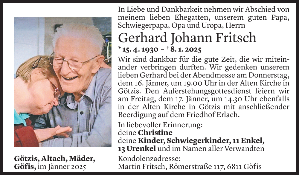  Todesanzeige für Gerhard Johann Fritsch vom 10.01.2025 aus Vorarlberger Nachrichten