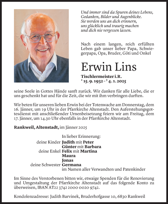 Todesanzeige von Erwin Lins von Vorarlberger Nachrichten