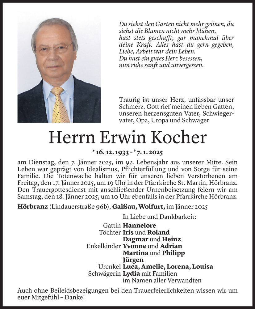  Todesanzeige für Erwin Kocher vom 14.01.2025 aus Vorarlberger Nachrichten