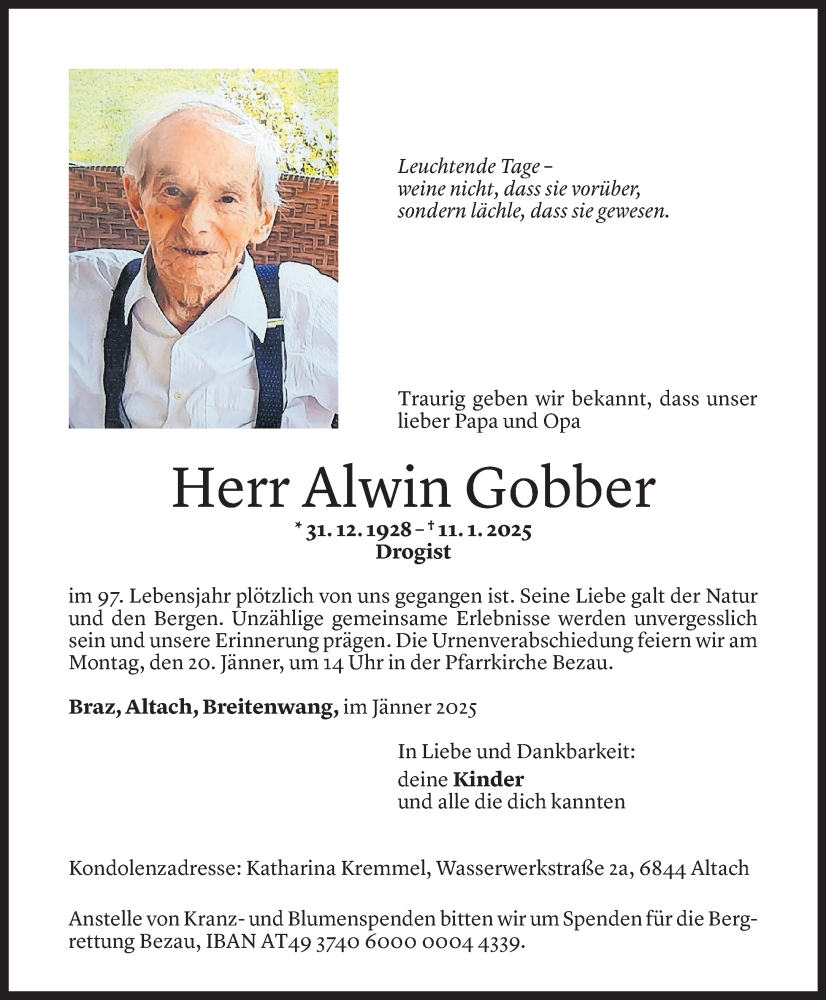  Todesanzeige für Alwin Gobber vom 17.01.2025 aus Vorarlberger Nachrichten