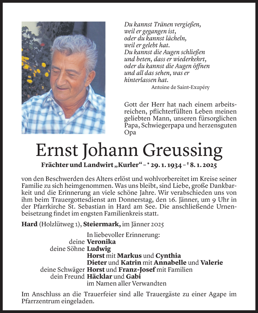  Todesanzeige für Ernst Johann Greussing vom 10.01.2025 aus Vorarlberger Nachrichten