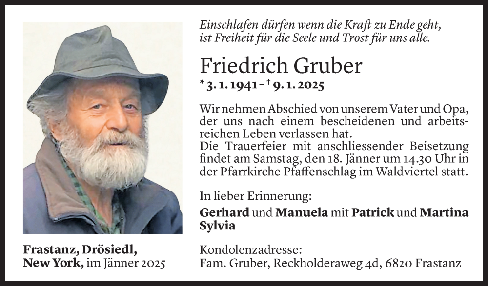  Todesanzeige für Friedrich Gruber vom 16.01.2025 aus Vorarlberger Nachrichten