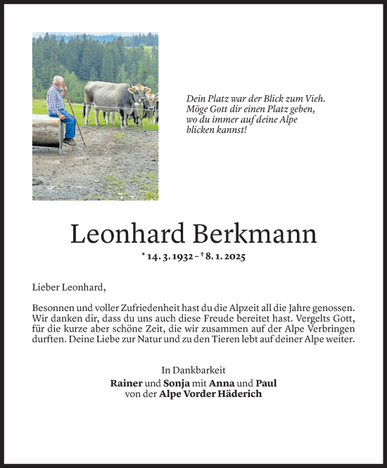 Todesanzeige von Leonhard Berkmann von Vorarlberger Nachrichten