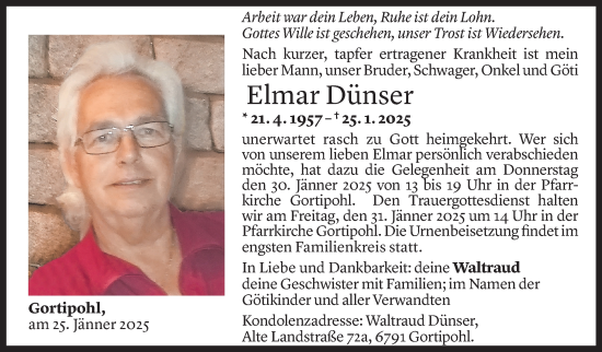 Todesanzeige von Elmar Dünser von Vorarlberger Nachrichten