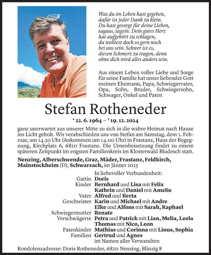  Todesanzeige für Stefan Rotheneder vom 22.01.2025 aus Vorarlberger Nachrichten