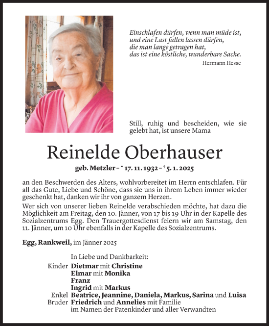 Todesanzeige von Reinelde Oberhauser von Vorarlberger Nachrichten