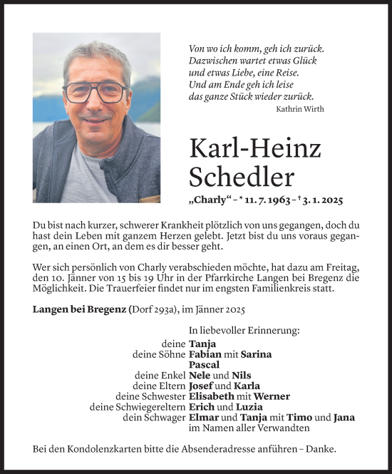 Todesanzeige von Karl-Heinz Schedler von Vorarlberger Nachrichten