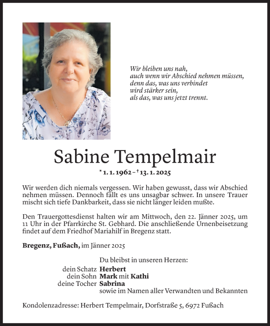 Todesanzeige von Sabine Tempelmair von Vorarlberger Nachrichten