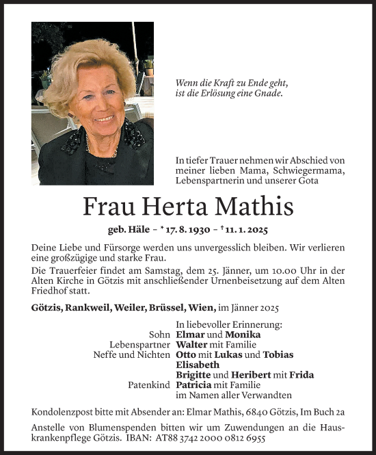 Todesanzeige von Herta Mathis von Vorarlberger Nachrichten