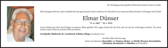 Todesanzeige von Elmar Dünser von Vorarlberger Nachrichten