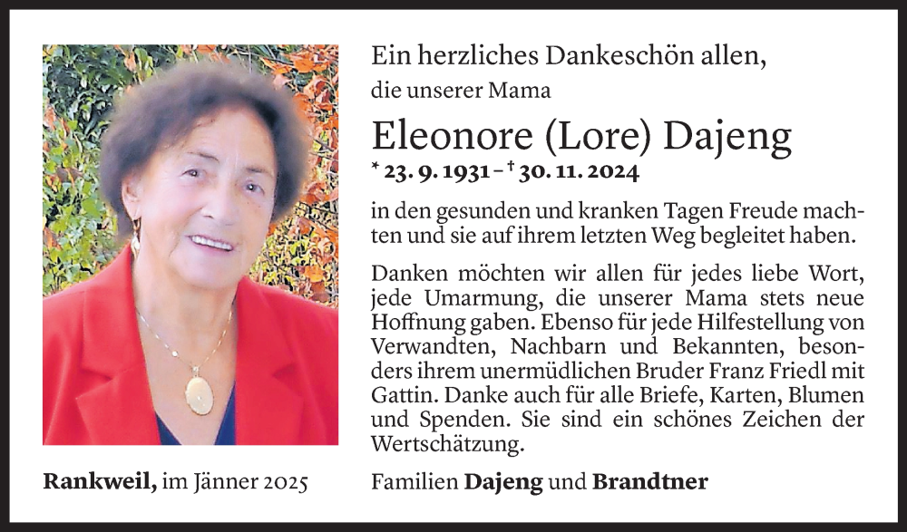  Todesanzeige für Eleonore Dajeng vom 03.01.2025 aus Vorarlberger Nachrichten